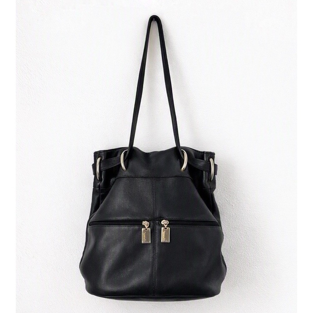 Black Leather Shoulder Bag, Bucket Purse with Gold Zippers & Silver Rings